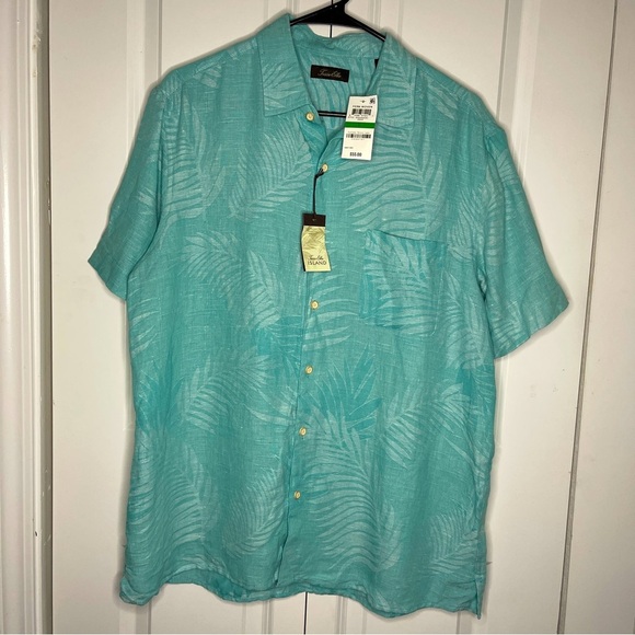 Tasso Elba Other - NWT Tasso Elba Silk Linen Blue Green Size Large Short Sleeve Hawaiian Button Up